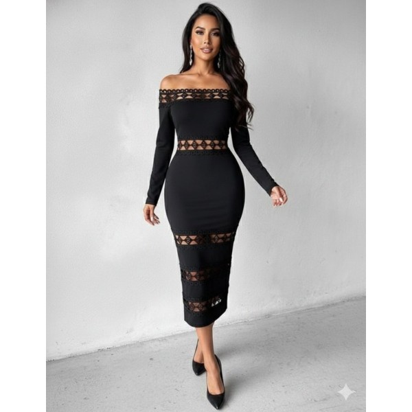 Kadın Uzun Kollu Madonna Dantel Yaka Yırtmaçlı Midi Dalgıç Elbise