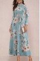 Kadın Uzun Kollu Yuvarlak Yakalı Beli Kuşaklı Desenli Süprem Uzun Elbise