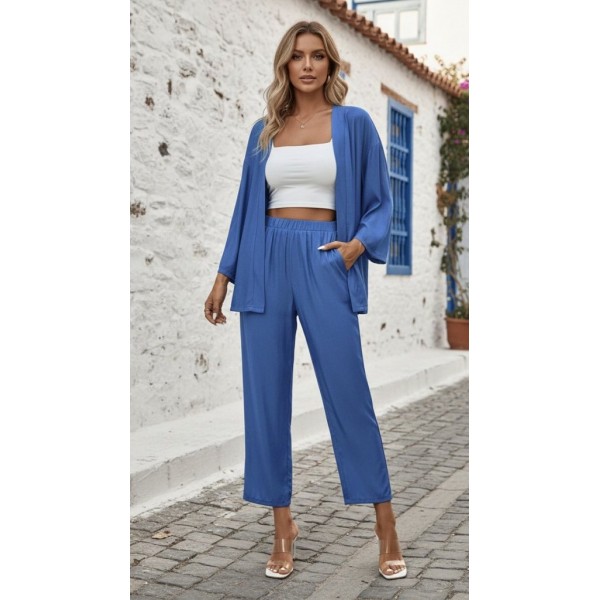 Kadın Uzun Kollu önü Açık Dokuma Ceket Ve Pantolon Ikili Takım
