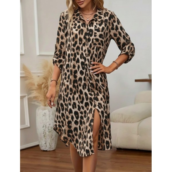 Kadın Uzun Kollu Yakalı önden Düğmeli Leopar Desenli Modal Midi Elbise