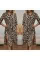 Kadın Uzun Kollu Yakalı önden Düğmeli Leopar Desenli Modal Midi Elbise