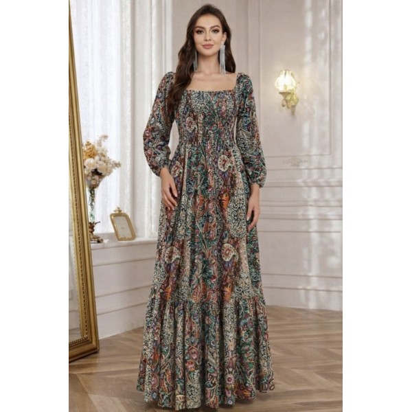 Kadın Düşük Omuzlu Beli Büzgülü Dijital Desenli Kesik Elyaf Süprem Uzun Elbise