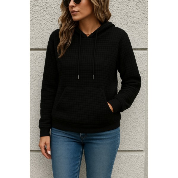 Kadın Uzun Kollu Kapşonlu Bağcıklı Cepli Capitone Sweatshirt