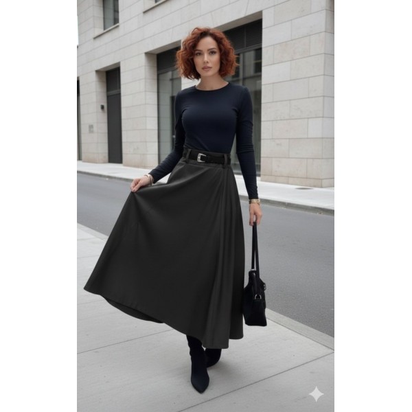 Kadın Yüksek Belli Maxi Deri Kemersiz Etek