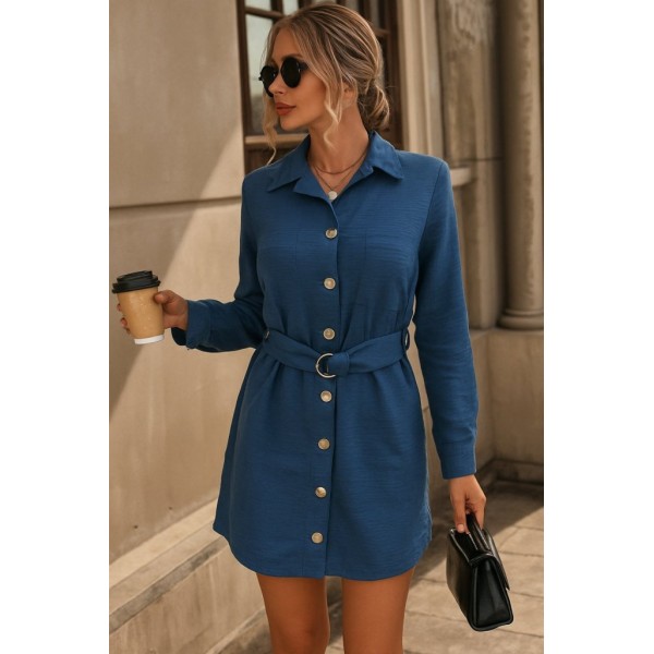 Kadın Uzun Kollu Yakalı önden Düğmeli Beli Kuşaklı Mini Ithal Keten Elbise