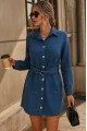 Kadın Uzun Kollu Yakalı önden Düğmeli Beli Kuşaklı Mini Ithal Keten Elbise