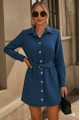 Kadın Uzun Kollu Yakalı önden Düğmeli Beli Kuşaklı Mini Ithal Keten Elbise