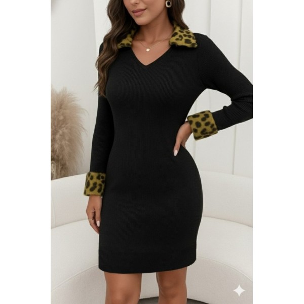 Kadın Uzun Kollu V Yakalı Kürk Detaylı Kaşkorse Elbise