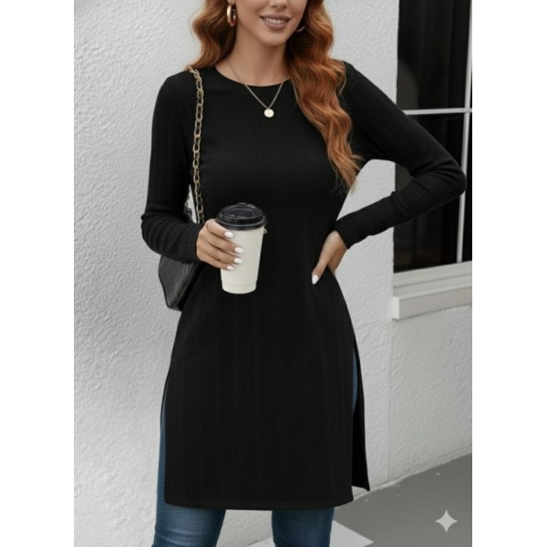 Kadın Uzun Kollu Bisiklet Yaka Iki Yandan Yırtmaç Detay Triko Bluz