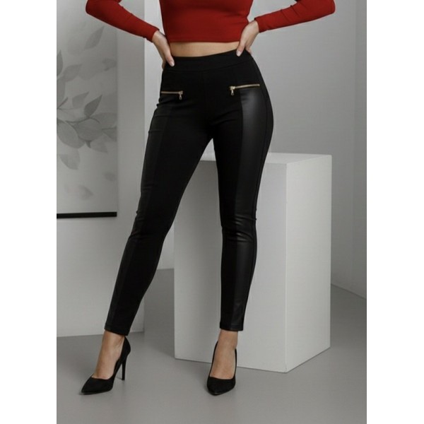 Kadın Yüksek Bel Deri Detaylı Fermuarlı Dalgıç Tayt