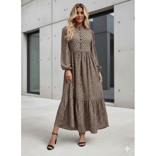 Kadın Uzun Kollu Hakim Yakalı Düğmeli Kemersiz Desenli Maxi Süprem Elbise