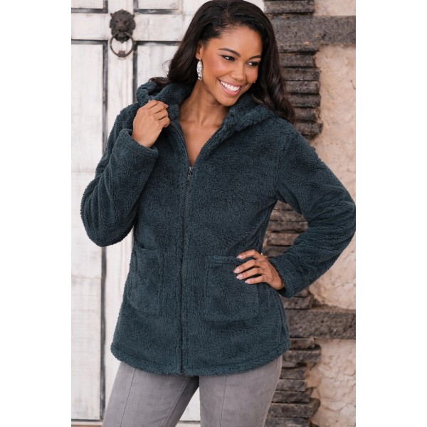 Kadın Uzun Kollu Kapşonlu önden Fermuarlı Cepli Welsoft Ceket
