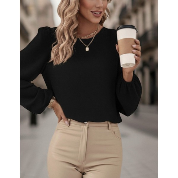Kadın Uzun Kollu Yuvarlak Yaka Arkadan Bağcıklı Salaş Ithal Krep Bluz