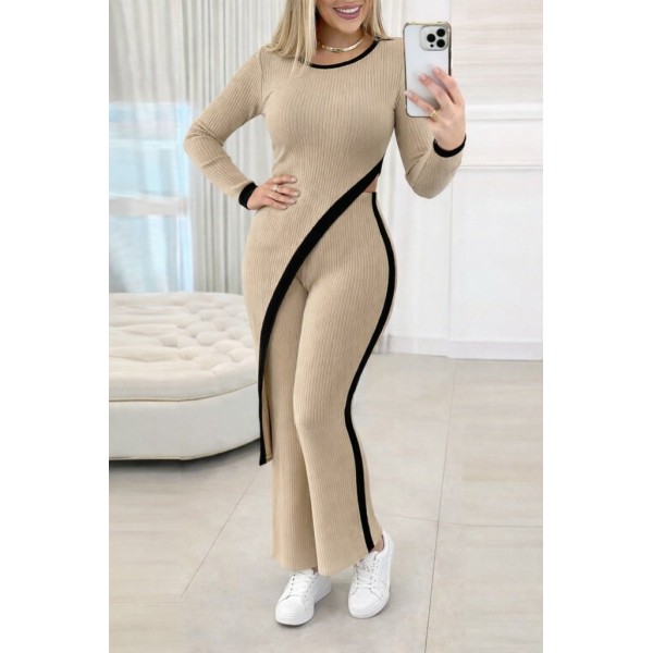 Kadın Uzun Kollu Bisiklet Yaka Asimetrik Kesim Bluz şardonlu Kaşkorse Bluz Ve Pantolon Ikili Takım