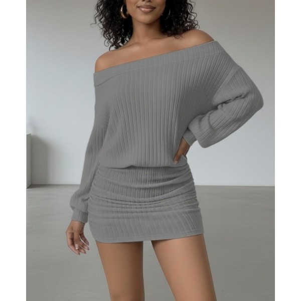 Kadın Uzun Kollu Madonna Yaka Yanlardan Büzgülü şardonlu Kaşkorse Mini Elbise