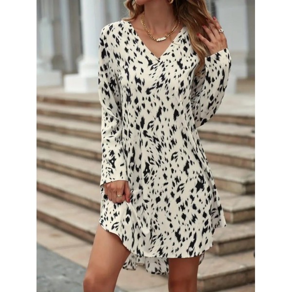 Kadın Uzun Kollu V Yakalı Desenli Kısa Keten Elbise