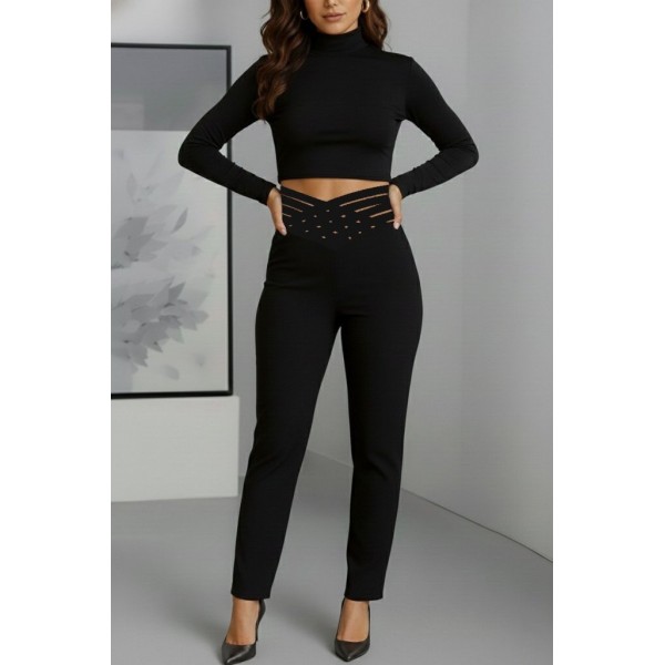 Kadın Yüksek Bel çapraz şerit Detaylı Ithal Krep Pantolon