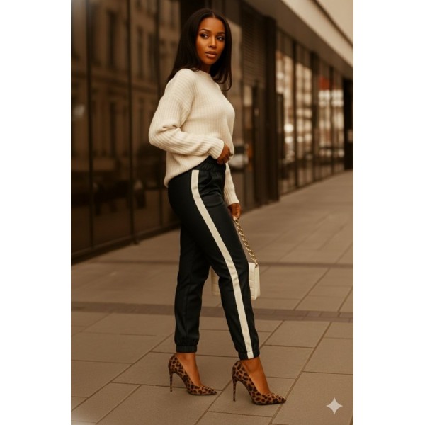 Kadın Yüksek Bel Lastikli Yan şerit Detaylı Deri Pantolon