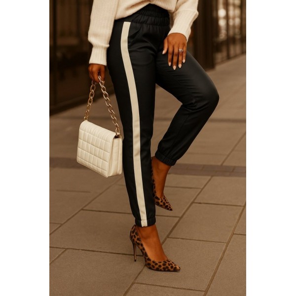 Kadın Yüksek Bel Lastikli Yan şerit Detaylı Deri Pantolon