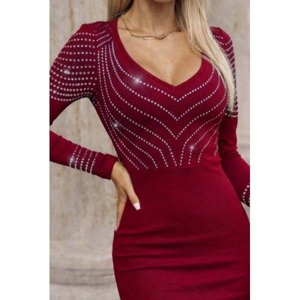 Kadın Uzun Kollu V Yakalı Taşlı Mini Ithal Krep Elbise