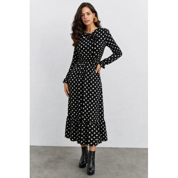 Kadın Uzun Kollu Yakası Bağcıklı Uzun Puantiyeli Krep Maxi Elbise