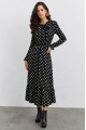 Kadın Uzun Kollu Yakası Bağcıklı Uzun Puantiyeli Krep Maxi Elbise