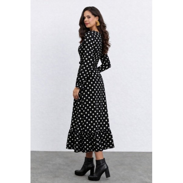 Kadın Uzun Kollu Yakası Bağcıklı Uzun Puantiyeli Krep Maxi Elbise