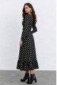 Kadın Uzun Kollu Yakası Bağcıklı Uzun Puantiyeli Krep Maxi Elbise