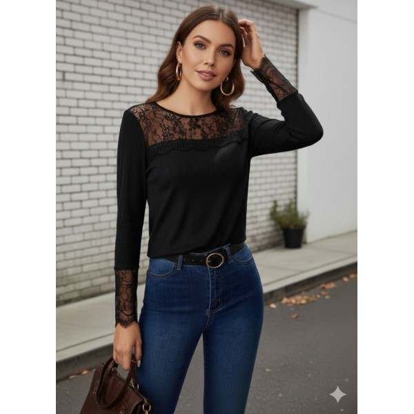 Kadın Uzun Kollu Bisiklet Yaka Dantel Detaylı Burgu Bluz