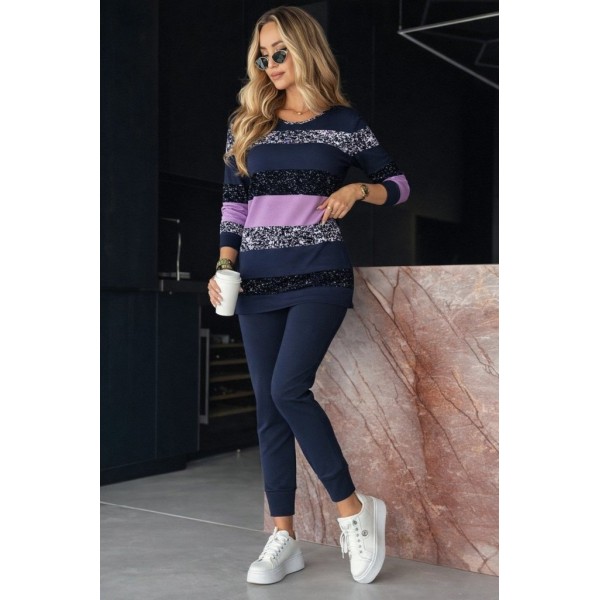 Kadın Uzun Kollu Bisiklet Yaka çizgili Desen Iki Iplik Bluz Ve Pantolon Ikili Takım