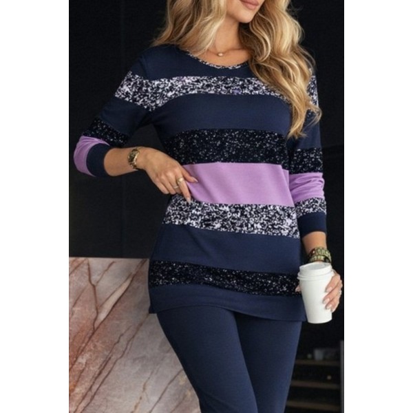 Kadın Uzun Kollu Bisiklet Yaka çizgili Desen Iki Iplik Bluz Ve Pantolon Ikili Takım