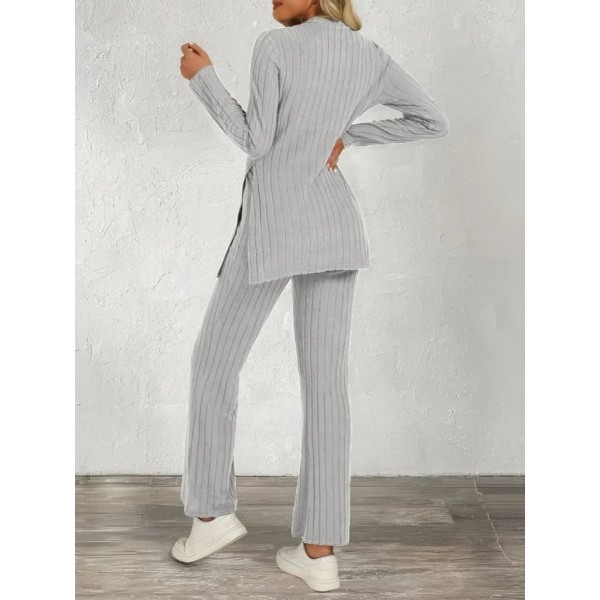 Kadın Uzun Kollu Bisiklet Yaka Yandan Yırtmaçlı şardonlu Kaşkorse Bluz Ve Pantolon Ikili Takım