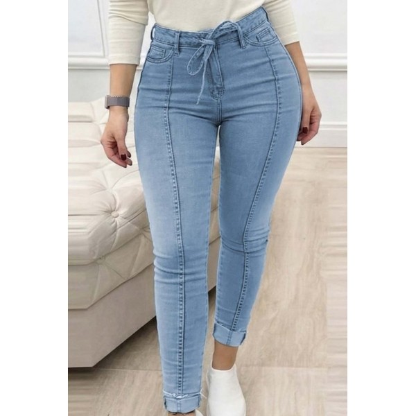 Kadın Yüksek Bel Belden Kuşaklı Yırtık Detaylı Kot Pantolon