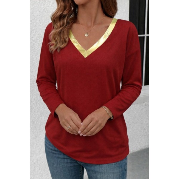 Kadın Uzun Kollu V Parlak Yaka Detaylı Viskon Bluz