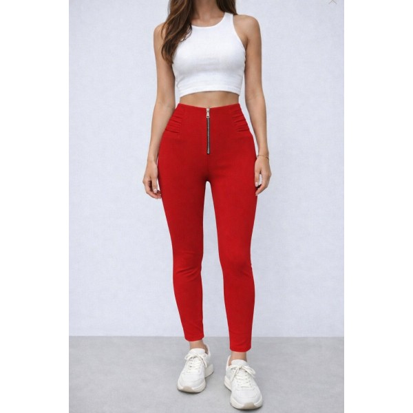 Kadın Yüksek Belli önden Fermuar Ve Nervur Detaylı Dalgıç Tayt