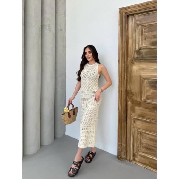 Kadın Kolsuz Kuş Gözü Teday Full Transparan Maxi Boy Elbise