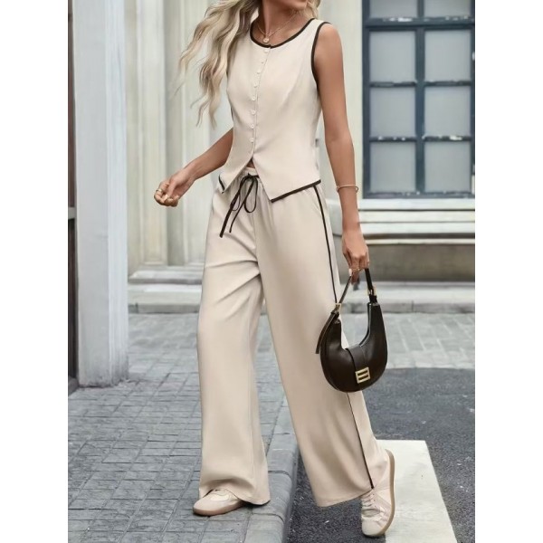 Kadın Kolsuz önü Düğmeli Yelek Ve Pantolon Ikili Takım