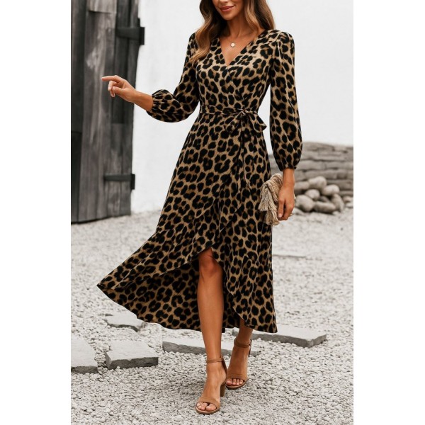 Kadın Uzun Kollu Kruvaze Yaka Yandan Bağlamalı önden Fırfır Detaylı Süprem Uzun Elbise