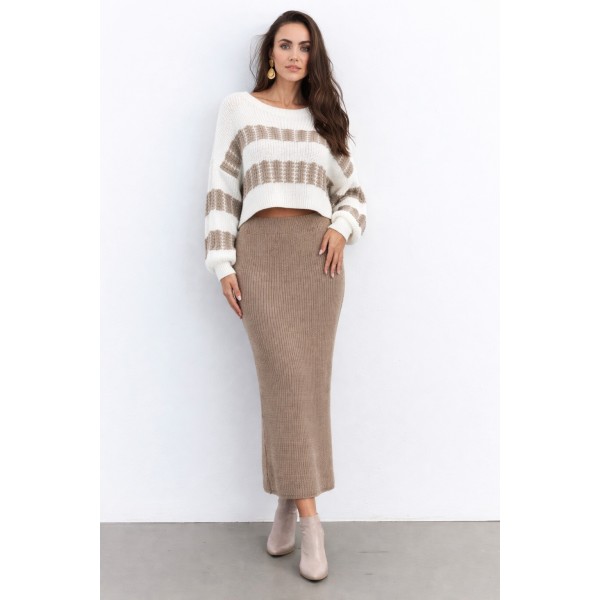 Kadın Uzun Kollu Kayık Yakalı Salaş Triko Bluz Ve Etek Ikili Takım