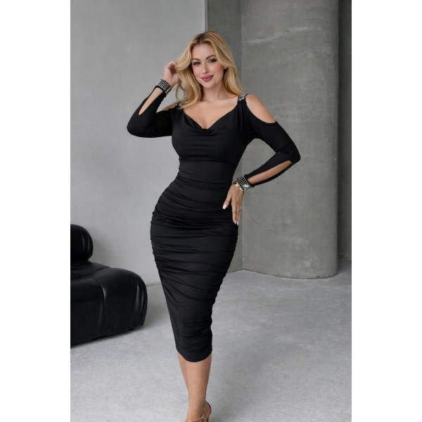 Kadın Omuzlardan Açık Uzun Kollu Taşlı Degaje Yakalı Sandy Midi Elbise