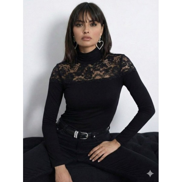 Kadın Uzun Kollu Balıkçı Yaka Dantelli Kaşkorse Bluz
