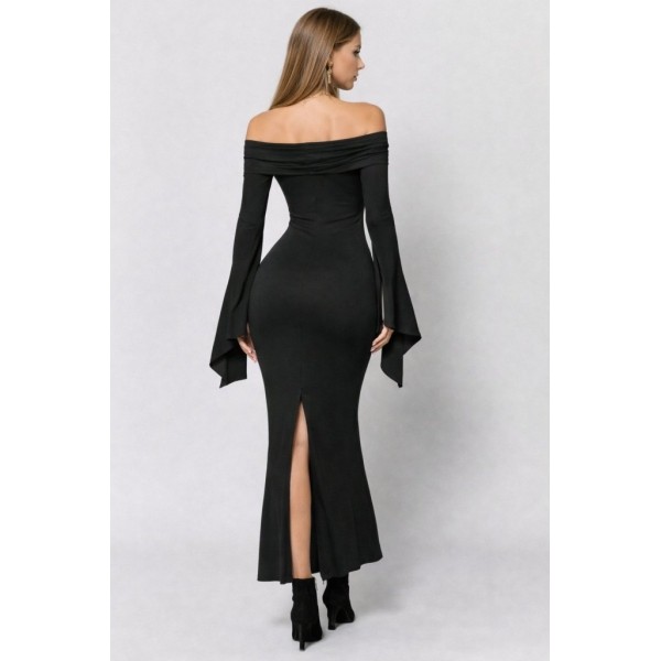 Kadın Madonna Yaka Uzun Yırtmaç Kol Detaylı Uzun Ithal Krep Elbise