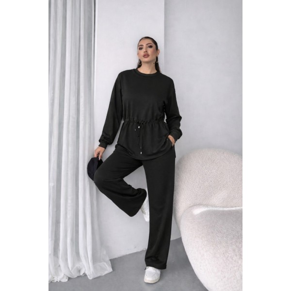 Kadın Uzun Kollu Bisiklet Yaka Belden Büzgülü Bağcıklı Viskon Iki Iplik Bluz Ve Pantolon Ikili Takım