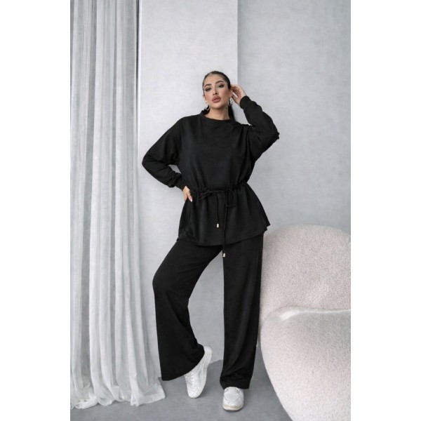 Kadın Uzun Kollu Bisiklet Yaka Belden Büzgülü Bağcıklı Viskon Iki Iplik Bluz Ve Pantolon Ikili Takım