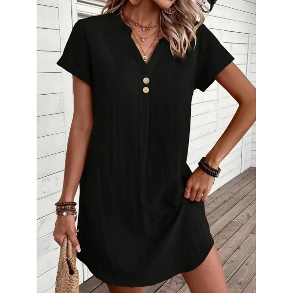 Kadın Kısa Kollu V Yakalı Düğmeli Müslim Kısa Elbise