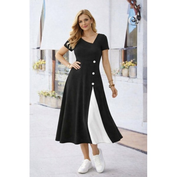 Kadın Kısa Kollu Asimetrik Yakalı Düğme Detaylı Midi Viskon Elbise