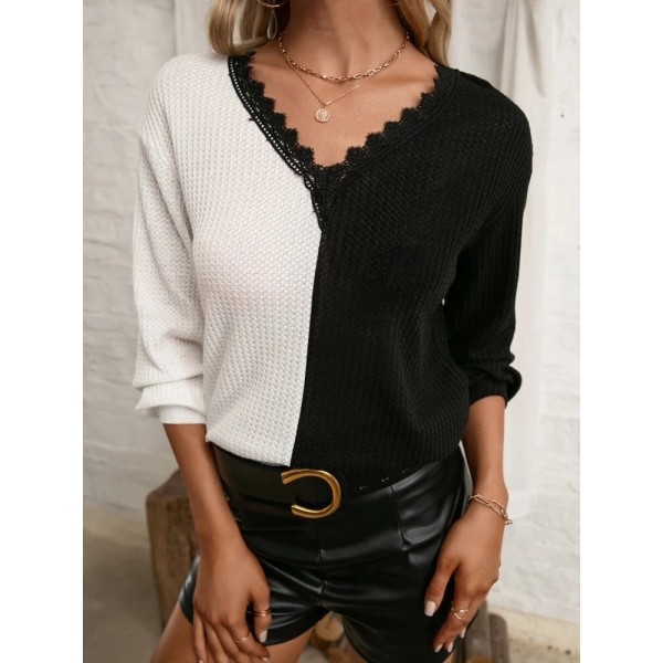 Kadın Uzun Kollu V Yakalı çift Renkli Triko Bluz