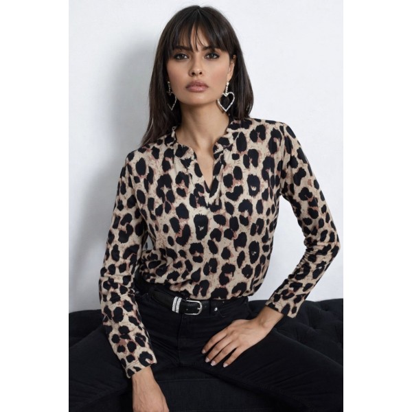 Kadın Uzun Kollu V Hakim Yakalı Leopar Desenli Süprem Bluz