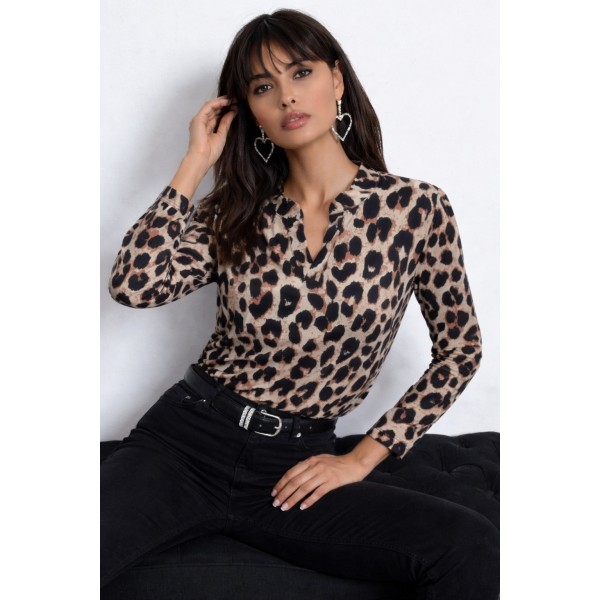 Kadın Uzun Kollu V Hakim Yakalı Leopar Desenli Süprem Bluz