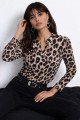 Kadın Uzun Kollu V Hakim Yakalı Leopar Desenli Süprem Bluz